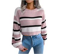 Cropped Jumper for Women UK Knitted Batwing Jumper Striped Color Block Casual Crew Neck Crop Knitwear Long Sleeve Pullover Sweaters Top Ribbed Jumpers Ladies Pink