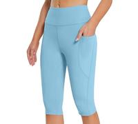 Cropped Leggings for Women UK High Waisted Knee Length Capri Leggings with Pockets Summer Short Legging Tummy Control Yoga Pants Cropped Seamless Stretchy Sports Gym Running Shorts Light Blue XL