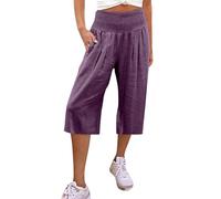 Cropped Leggings Linen Trousers For Women Uk Elastic Waist Hollow Pant Women'S Womens Clothing (Purple, M)