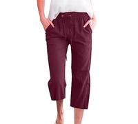 Cropped Linen Trousers for Women Summer Trendy Capri Pants for Women UK 3/4 Length Straight Leg Ladies Trousers Elasticated Waist Drawstring Solid Lounge Pants Joggers Beach Vacation Wine-A 5XL