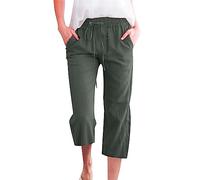 Cropped Linen Trousers for Women Summer Trendy Capri Pants for Women UK 3/4 Length Straight Leg Ladies Trousers Elasticated Waist Drawstring Solid Lounge Pants Joggers Beach Vacation Army Green-A XL