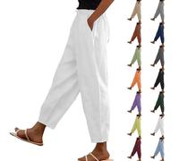 Cropped Linen Trousers for Women Summer Trendy Capri Pants for Women UK Straight Leg Ladies Trousers Elasticated Waist Drawstring Solid Lounge Pants Joggers Bottoms Fashion Beach Vacation White 5XL