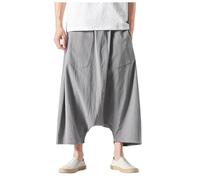 Cropped Linen Trousers Men Baggy Wide Leg Drop Crotch Japanese Harem Trousers Beach Yoga Solid Color Lightweight Bloomers Parachute Pants Comfortable Casual Daily Soft Trendy,Grey,5XL