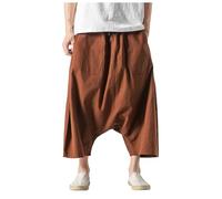 Cropped Linen Trousers Men Baggy Wide Leg Drop Crotch Japanese Harem Trousers Beach Yoga Solid Color Lightweight Bloomers Parachute Pants Comfortable Casual Daily Soft Trendy,Brown,5XL