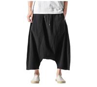 Cropped Linen Trousers Men Baggy Wide Leg Drop Crotch Japanese Harem Trousers Beach Yoga Solid Color Lightweight Bloomers Parachute Pants Comfortable Casual Daily Soft Trendy,Black,4XL