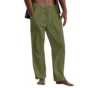 Cropped Linen Trousers - Men's Summer Plain Wide Leg Beach Trousers Casual Chinos Trousers for Men Men Drawstring Summer Trousers Cotton Linen Trousers Army Green