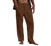 Cropped Linen Trousers - Men's Summer Plain Wide Leg Beach Trousers Casual Chinos Trousers for Men Men Drawstring Summer Trousers Cotton Linen Trousers Brown