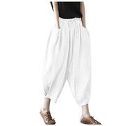 Cropped Linen Trousers Pants Waist Elastic Band Balloon Linen Loose Casual Women Summer (White, M)