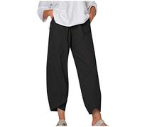 Cropped Pants for Women UK Cotton Linen Tapered Leg Cropped Trousers with Pockets Casual Soft Pull On Pants Summer Cosy Trousers for Outdoor Casual Work