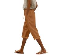 Cropped Pants for Women UK Cotton Stretchy 3/35 Length Trousers with Pockets Elasticated High Waist Capri Trousers Solid Colour Drawstring Cropped Trouser Straight Leg Summer Trouser Casual Gold