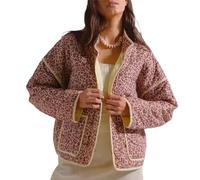 Cropped Puffer Jacket for Women Y2K Floral Print Open Front Quilted Coat Lightweight Long Sleeve Padded Jacket Outerwear (Wine Red, M)