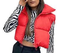 Cropped Puffer Vest for Women Winter Lightweight Zip Up Stand Collar Sleeveless Padded Gilet Warm Outerwear Jacket (Red without Pockets, S)