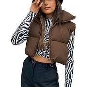 Cropped Puffer Vest for Women Winter Lightweight Zip Up Stand Collar Sleeveless Padded Gilet Warm Outerwear Jacket (Brown without Pockets, L)