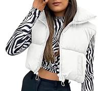Cropped Puffer Vest for Women Winter Lightweight Zip Up Stand Collar Sleeveless Padded Gilet Warm Outerwear Jacket (White with Pockets, L)