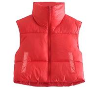 Cropped Puffer Vest for Women Winter Lightweight Zip Up Stand Collar Sleeveless Padded Gilet Warm Outerwear Jacket (Red with Pockets, S)