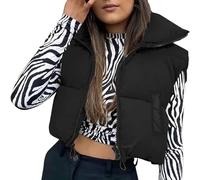 Cropped Puffer Vest for Women Winter Lightweight Zip Up Stand Collar Sleeveless Padded Gilet Warm Outerwear Jacket (Black with Pockets, M)