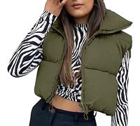 Cropped Puffer Vest for Women Winter Lightweight Zip Up Stand Collar Sleeveless Padded Gilet Warm Outerwear Jacket (Army Green without Pockets, L)