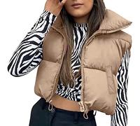 Cropped Puffer Vest for Women Winter Lightweight Zip Up Stand Collar Sleeveless Padded Gilet Warm Outerwear Jacket (Khaki with Pockets, M)