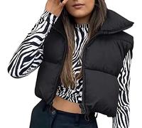 Cropped Puffer Vest for Women Winter Lightweight Zip Up Stand Collar Sleeveless Padded Gilet Warm Outerwear Jacket (Black without Pockets, L)