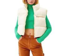Cropped Puffer Vest for Women Winter Lightweight Zip Up Stand Collar Sleeveless Padded Gilet Warm Outerwear Jacket (Women Cropped Puffer Vest White, S)