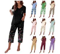 Cropped Pyjamas for Women 2 Piece Floral Print Short Sleeve Pyjama Set Loose Fit Soft Comfy Cotton V Neck Loungewear Tops and Capri Pants with Pockets Lightweight Breatheable Sleepwear Nightwear