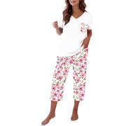 Cropped Pyjamas for Women 2 Piece Short Sleeve Floral Print Pyjama Set Soft Comfy Cotton V Neck Loungewear Tops and Capri Pants with Pockets Lightweight Breatheable Sleepwear Nightwear