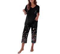 Cropped Pyjamas for Women 2 Piece Short Sleeve Top Capri Pants Pyjama Set | Soft Comfy Floral Print V Neck Loungewear Loose Sleepwear Outfits with Pockets Lightweight Homewear Nightwear for All Seasons