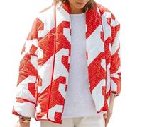 Cropped Quilted Jacket Womens Ethnic Style Floral Stand Up Collar Puffer Jacket Padded Stand Collat Quilted Coat Open Front Cardigan Outwear With Pocket (Color : A-Red, Size : L)