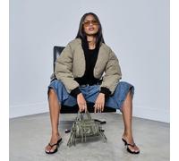 Cropped Rib Edge Detail Puffer Coat In Khaki Green, Women's Size UK 6