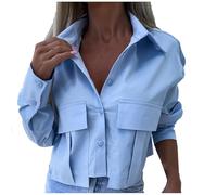 Cropped Shirts for Women Y2k Long Sleeve Pocket Shirt Office Lady Classical Sunscreen Blouse Ladies Basic Chic Tops Casual Solid Turndown Collar Button Down Blouse UK Clearance Blue