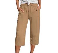 Cropped Trousers for Women Linen Summer Loose Petite Hiking Shorts Drawstring Elasticated Waist 3/4 Length Joggers Baggy Wide Leg Pants Ladies Casual Trouser with Pockets (A1-Khaki, S)
