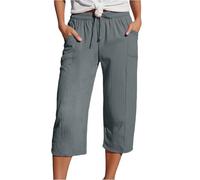 Cropped Trousers for Women Linen Summer Loose Petite Hiking Shorts Drawstring Elasticated Waist 3/4 Length Joggers Baggy Wide Leg Pants Ladies Casual Trouser with Pockets (A2-Grey, L)