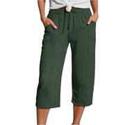 Cropped Trousers for Women Linen Summer Loose Petite Hiking Shorts Drawstring Elasticated Waist 3/4 Length Joggers Baggy Wide Leg Pants Ladies Casual Trouser with Pockets (A1-Dark Green, S)