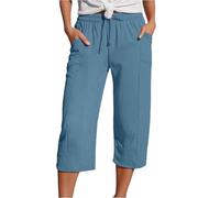 Cropped Trousers for Women Linen Summer Loose Petite Hiking Shorts Drawstring Elasticated Waist 3/4 Length Joggers Baggy Wide Leg Pants Ladies Casual Trouser with Pockets (A2-Blue, L)