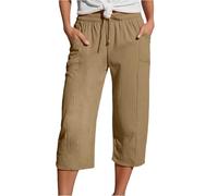 Cropped Trousers for Women Linen Summer Loose Petite Hiking Shorts Drawstring Elasticated Waist 3/4 Length Joggers Baggy Wide Leg Pants Ladies Casual Trouser with Pockets (A2-Khaki, S)