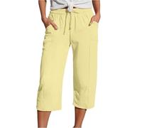 Cropped Trousers for Women Linen Summer Loose Petite Hiking Shorts Drawstring Elasticated Waist 3/4 Length Joggers Baggy Wide Leg Pants Ladies Casual Trouser with Pockets (A2-Yellow, M)