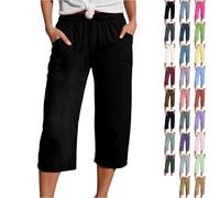 Cropped Trousers for Women Linen Summer Loose Petite Hiking Shorts Drawstring Elasticated Waist 3/4 Length Joggers Baggy Wide Leg Pants Ladies Casual Trouser with Pockets (A1-Black, XL)
