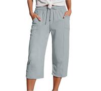 Cropped Trousers for Women Linen Summer Loose Petite Hiking Shorts Drawstring Elasticated Waist 3/4 Length Joggers Baggy Wide Leg Pants Ladies Casual Trouser with Pockets (A2-Light Gray, XXL)