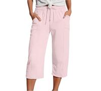 Cropped Trousers for Women Linen Summer Loose Petite Hiking Shorts Drawstring Elasticated Waist 3/4 Length Joggers Baggy Wide Leg Pants Ladies Casual Trouser with Pockets (A2-Light Pink, XXL)