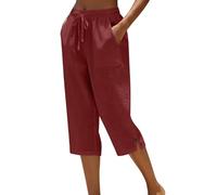 Cropped Trousers for Women UK - Capri Pants Ladies Petite Comfy Summer 3/4 Length Trousers Drawstring Waist Straight Leg Lounge Capris Bottom with Pockets for Beach Holiday Brick Red