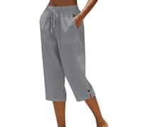 Cropped Trousers for Women UK - Capri Pants Ladies Petite Comfy Summer 3/4 Length Trousers Stretchy Drawstring Waist Straight Leg Lounge Capris Bottom with Pockets for Beach Holiday