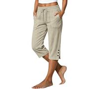 Cropped Trousers for Women UK - Capri Pants Ladies Petite Comfy Summer 3/4 Length Trousers Stretchy Drawstring Waist Split Leg Capris Bottom with Buttons and Pockets for Beach Holiday