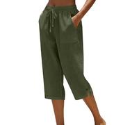 Cropped Trousers for Women UK - Capri Pants Ladies Petite Comfy Summer 3/4 Length Trousers Stretchy Drawstring Waist Straight Leg Lounge Capris Bottom with Pockets for Beach Holiday