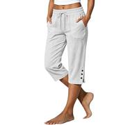 Cropped Trousers for Women UK - Capri Pants Ladies Petite Comfy Summer 3/4 Length Trousers Stretchy Drawstring Waist Split Leg Capris Bottom with Buttons and Pockets for Beach Holiday