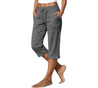Cropped Trousers for Women UK - Capri Pants Ladies Petite Comfy Summer 3/4 Length Trousers Stretchy Drawstring Waist Split Leg Capris Bottom with Buttons and Pockets for Beach Holiday