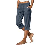Cropped Trousers for Women UK - Capri Pants Ladies Petite Comfy Summer 3/4 Length Trousers Stretchy Drawstring Waist Split Leg Capris Bottom with Buttons and Pockets for Beach Holiday
