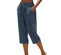 Cropped Trousers for Women UK - Capri Pants Ladies Petite Comfy Summer 3/4 Length Trousers Stretchy Drawstring Waist Straight Leg Lounge Capris Bottom with Pockets for Beach Holiday