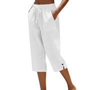 Cropped Trousers for Women UK - Capri Pants Ladies Petite Comfy Summer 3/4 Length Trousers Stretchy Drawstring Waist Straight Leg Lounge Capris Bottom with Pockets for Beach Holiday