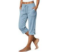 Cropped Trousers for Women UK - Capri Pants Ladies Petite Comfy Summer 3/4 Length Trousers Stretchy Drawstring Waist Split Leg Capris Bottom with Buttons and Pockets for Beach Holiday