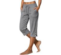 Cropped Trousers for Women UK - Capri Pants Ladies Petite Comfy Summer 3/4 Length Trousers Stretchy Drawstring Waist Split Leg Capris Bottom with Buttons and Pockets for Beach Holiday